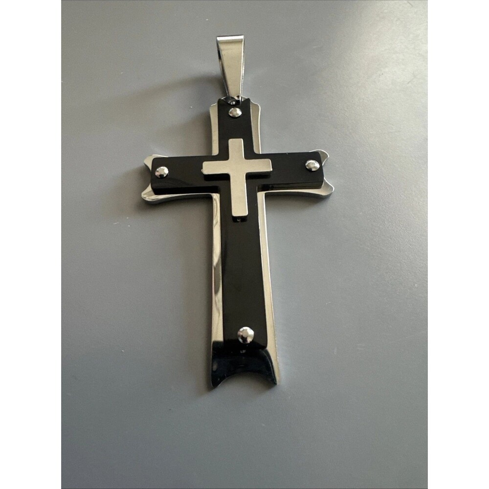 Stainless Steel Double Cross Pendant 24”Chain Necklace Jesus Christ Silver